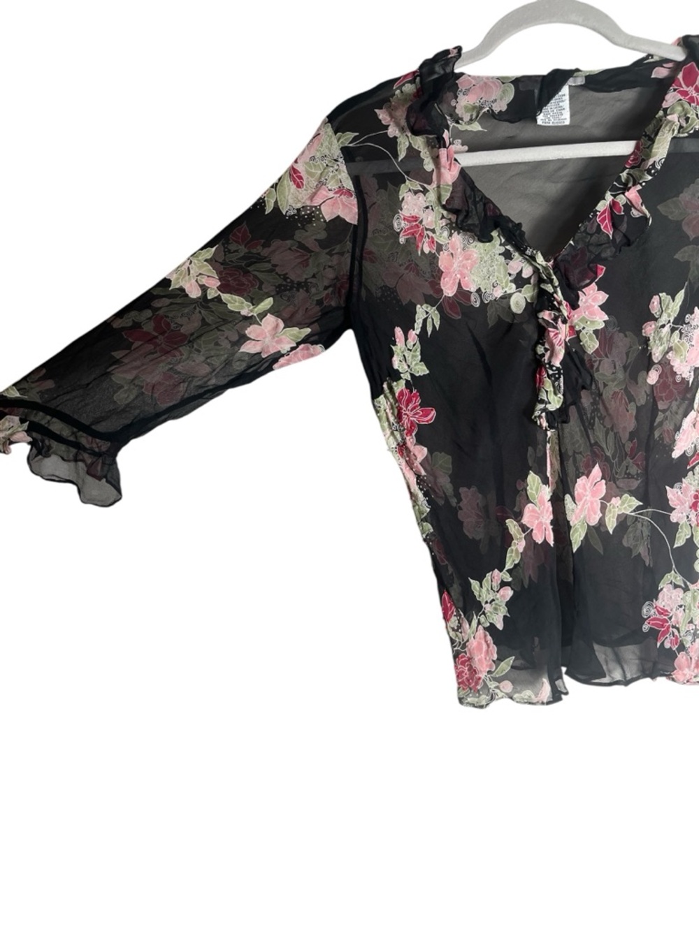 Vintage Y2K Silk Sheer Floral Blouse Black Pink Romantic Tie Front Size L - Picture 2 of 5